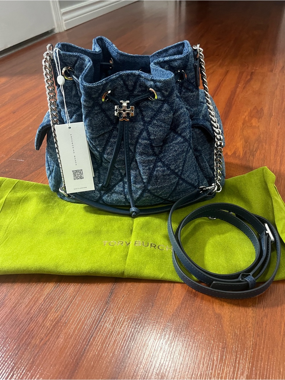 Tory Burch Denim Small Charlie Quilted Drawstring Bucket Bag - Blue